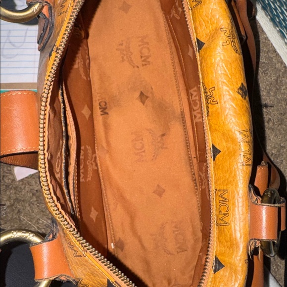 MCM Cognac Logo Double Pocket Satchel in Tan - Picture 9 of 13